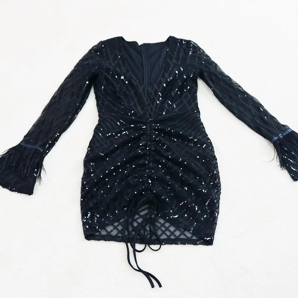 Feather Sequin Mini Dress: Sexy V-Neck Flare Sleeve Lace-Up Bodycon Club Party Robe